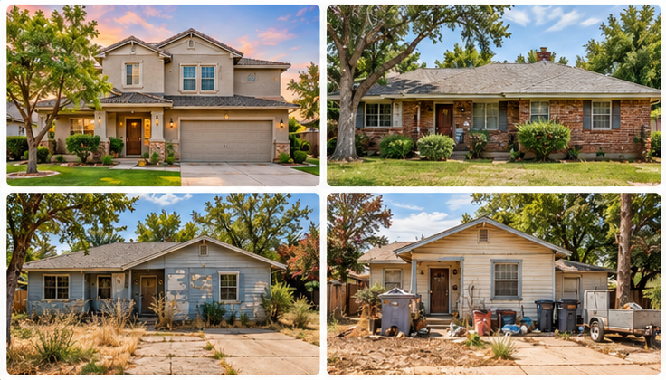 A variety of residential properties in different styles and conditions